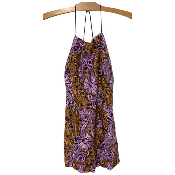 Anthropologie | Mini Dress Purple Gold Embroidered Halter Back- Size 4 Petite - Picture 2 of 15